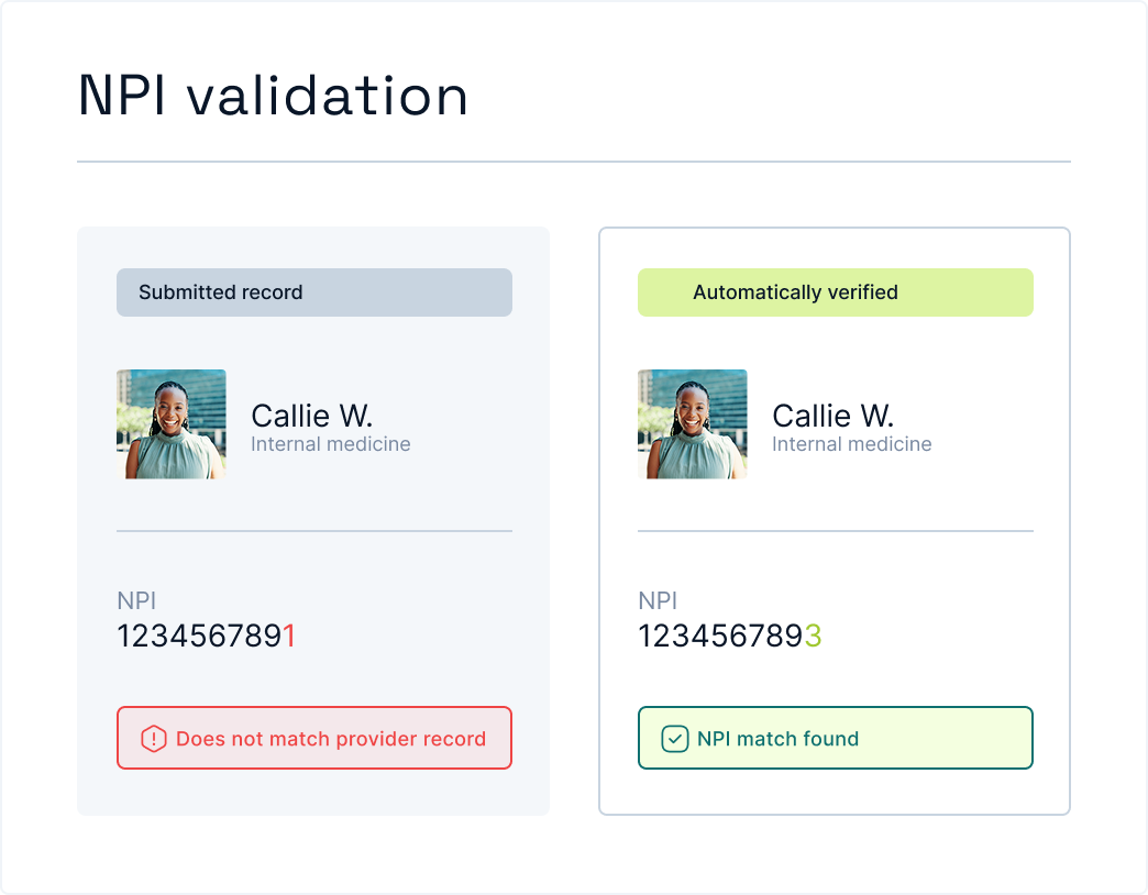 NPI validation comparing a submitted record against an automatically verified record